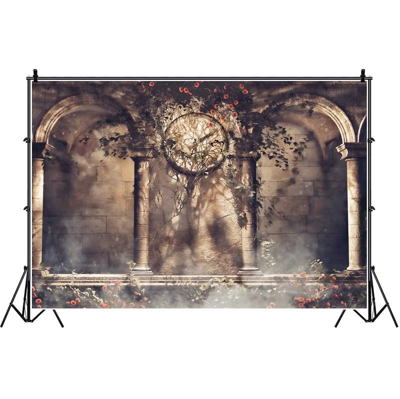 Laeacco Retro Clock Gothic Backdrop 10x8ft Vinyl Photography Background Rose Ivy Arch Architecture Building Stone Wall Fantasy Scene Wedding Parties Backdrops - Image 1